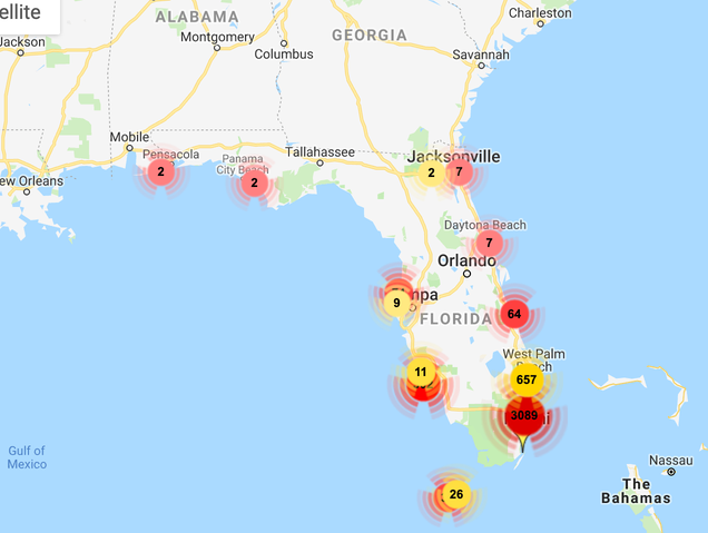 Map of Florida with sightings indicated by number.